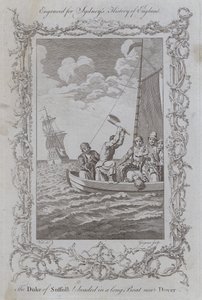 Hertigen av Suffolk halshöggs i en lång båt nära Dover (gravyr) av Samuel (after) Wale