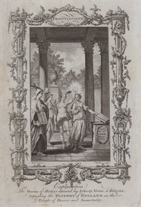 Historiens geni i närvaro av Liberty, Virtue och Religion, deponerar Englands historia i Temple of Honor and Immortality (gravyr) av Samuel (after) Wale