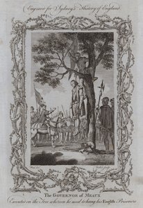 Guvernören i Meaux avrättad på trädet där han brukade hänga sina engelska fångar (gravyr) av Samuel (after) Wale