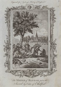 Munkarna från Bangor sattes till svärdet på order av Ethelfrid (gravyr) av Samuel (after) Wale