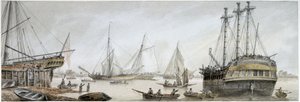 "Ett indiansk fartyg för reparation på Themsen, med en beskrivning av den ordinarie verksamheten vid Royal Shipyards i Deptford av Samuel Atkins
