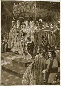 Överlämnandet av sporrar och svärd vid Henrik VI:s kröning på Sankt Leonard-dagen den 6 november 1429, från "The Illustrated London News", 1902 av Samuel Begg