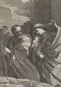 Flygningen till Egypten, jungfrun som bär på spädbarnet Kristus, Josef pekar på..., ca. 1635-57. av Samuel Bernard