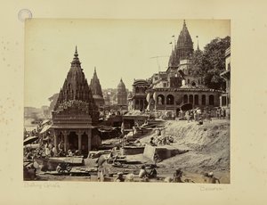 Benares; "Vishnu Pud" och andra tempel nära bränningsghaten av Samuel Bourne