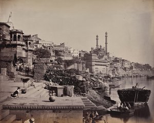 Staden Benares vid Ganges, vy över den stora moskén i A () och de intilliggande landningsplatserna