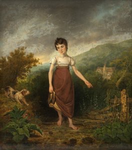 A Girl Crossing a Stream (olja på panel) av Samuel Colman