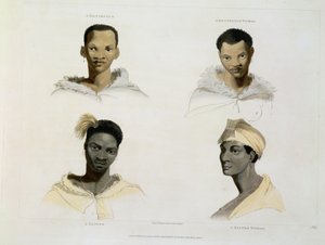 A Hottentot, a Hottentot Woman, a Kaffre, a Kaffre Woman: fyra huvud- och axelvinjetter, skylt 14 från 