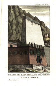 Bostad av Tessaling Lama med den religiösa byggnaden som kallas Kugopea. Illustration av löjtnant Samuel Davis från kapten Samuel Turner (1759-1802) Berättelse om en ambassad vid domstolen för Teshoo Lama i Tibet 1800. Kopparstick av Dell
