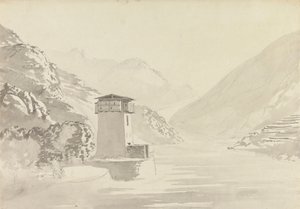 Utsikt från bron vid Wandepore [Wangdu Phodrang] av Samuel Davis