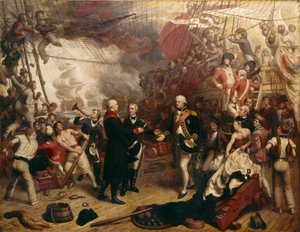 Amiral Duncan tar emot den holländske amiralen de Winters svärd vid slaget vid Camperdown av Samuel Drummond