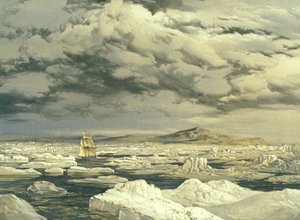 Första upptäckten av land av HMS Investigator, 6 september 1850, graverad av E. Walker, 1854