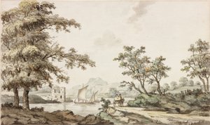 En flod med segelbåtar och en häst och vagn (bläck (svart) och akvarell på papper) av Samuel Henry Alken