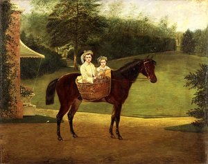 Porträtt av två flickor i en väska på en ponny (olja på panel) av Samuel Henry Alken