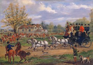 Scencoach passerade ett möte utanför ett värdshus, 1862
