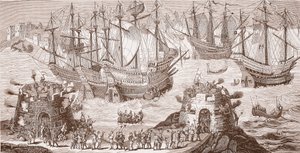 Henry VIII går ombord på Dover, från det stora trycket publicerat av The Royal Society of Antiquities