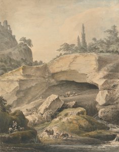 Stenigt landskap med bönder och boskap av Samuel Hieronymus Grimm