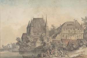 Utsikt över en by längs en flod, 1766.