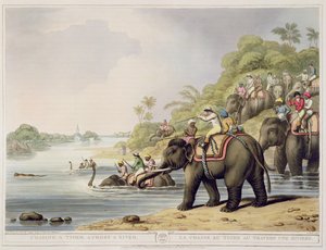 Jagar en tiger över en flod, från Oriental Field Sports, pub. av Edward Orme, 1807 (tryck)