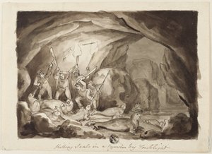 Dödande av sälar i en grotta i ficklampans sken (recto); Skiss av jägare och styrelse (verso) av Samuel Howett