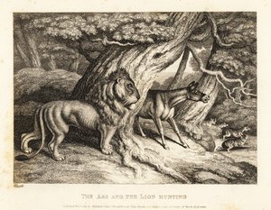 En åsna brasar högt mot byten medan den jagar med ett lejon. 1811 (etsning)