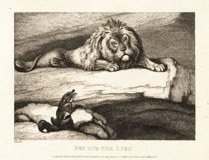 En räv närmar sig dåraktigt en lejonhane i sin håla. 1811 (etsning) av Samuel Howitt