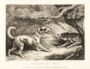 En hushund i halsband erbjuder mat till en svältande varg. 1811 (etsning) av Samuel Howitt
