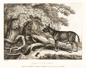 En apa och en åsna stönar tills en mullvad tystar dem. 1811 (etsning)