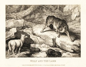 En varg som försöker rättfärdiga att döda ett lamm nära en flod. 1811 (etsning) av Samuel Howitt