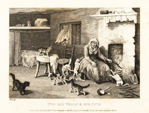 猫に囲まれたあばら屋の囲炉裏に座っているおばあさん。 1811年（エッチング）スウェーデン語