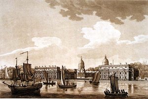 Greenwich sjukhus, illustration från "pittoreska vyer av Themsen", pub. 1799 (etsning, akvatint)