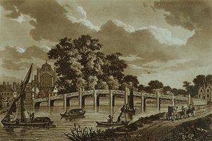 Hampton Court Bridge, illustration från "pittoreska vyer av Themsen", pub. 1799 (etsning, akvatint)