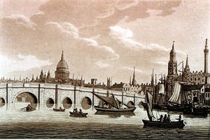 London Bridge, illustration från "pittoreska vyer av Themsen", pub. 1799 (etsning, akvatint)