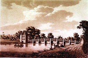 Sydöstra beskådar av Datchet Bridge, illustration från "pittoreska vyer av Themsen", pub. 1799 (etsning, akvatint)