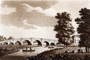 Walton Bridge, Surrey, illustration från "Picturesque Views of the River Thames", pub. 1799 (etsning, akvatint)