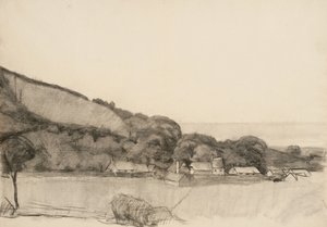 Landskap med gårdsbyggnader (kol på papper)