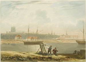Utsikt över den flytande hamnen, ca 1825 (penna och akvarell på papper) av Samuel Jackson