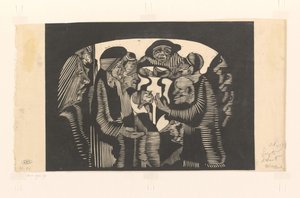 Grupp av figurer i en båge Visionär fantasi: grupp av figurer, ingående i en bågform, upptill i mitten av en frontal man med en hatt av Samuel Jessurun de Mesquita (signed by artist)