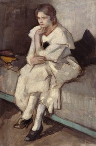 Flicka i vit klänning (olja på duk) av Samuel John Peploe
