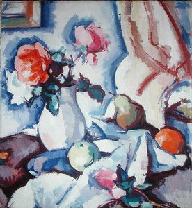 Rosor i en vit vas (olja på duk) av Samuel John Peploe