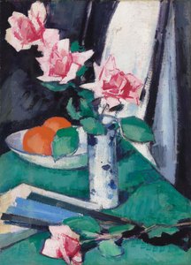 Stilleben med rosa rosor och apelsiner i en blå och vit vas, av Samuel John Peploe