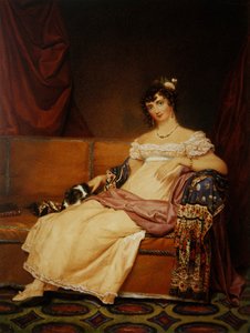 Lady Waterhouse sitter i en soffa med sin spaniel (akvarell på papper)