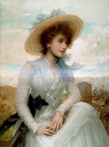 Porträtt av en ung kvinna med en stråhatt Tryck av Samuel Luke Fildes (1843-1927) 1800-talets Paris, dekorativ konst