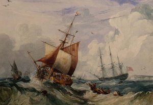 En fransk fiskesmack i en dyning utanför Dover (akvarell)