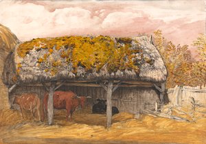 En Cow Lodge med ett mossigt tak av Samuel Palmer