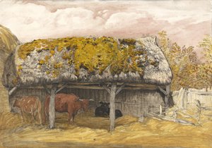 A Cow Lodge with a Mossy Roof, c.1829 (penna och bläck med akvarell och gouache på papper) av Samuel Palmer