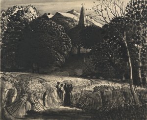 Cornfield and Church by Moonlight (pensel och svart bläck på papper) av Samuel Palmer