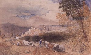 Kuperat landskap med bönder som plöjer (akvarell) av Samuel Palmer