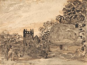 Halmtak stuga och kyrka av Samuel Palmer