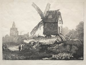 En serie gamla byggnader och lantliga stugor i norra England: Vid Crowland, väderkvarn av Samuel Prout