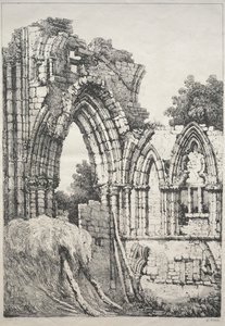 En serie gamla byggnader och lantliga stugor i norra England: At York, Ruins, 1821. av Samuel Prout